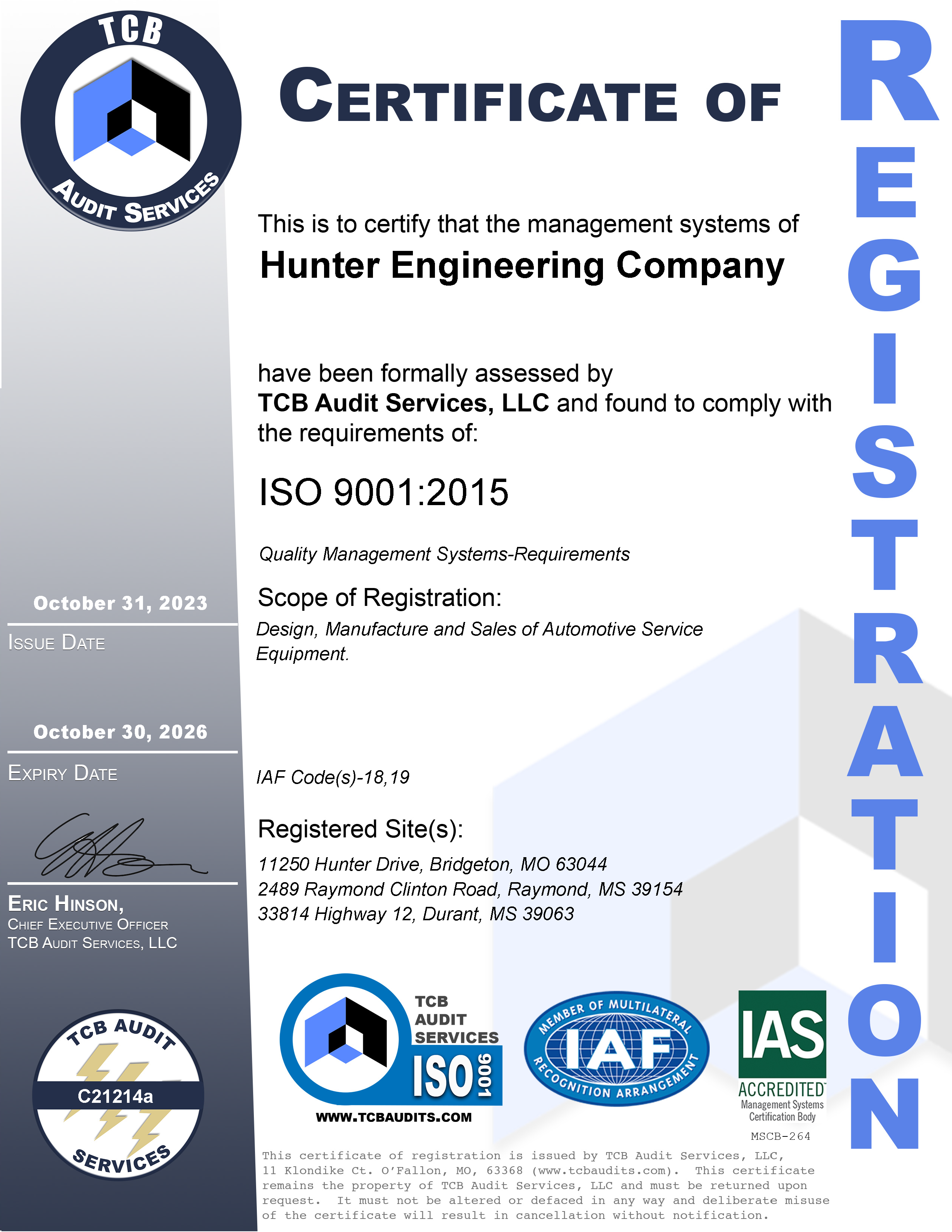 Hunter Engineering ISO 9001-2015 Certificate